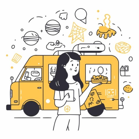 Vector illustration of a woman eating ice cream in a yellow van.