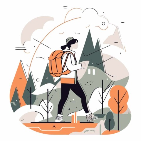 Vector illustration of a young woman with a backpack walking in