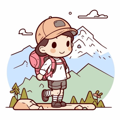 Boy with backpack hiking in mountains of a child with a backpack