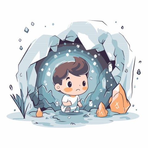 Cute little boy playing in the ice cave.