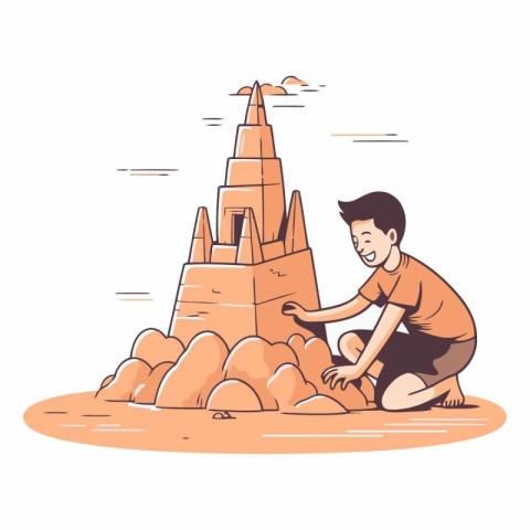 Cartoon illustration of a man playing sand castle on the beach.