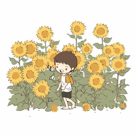 cute little boy with sunflowers in the field vector illustration