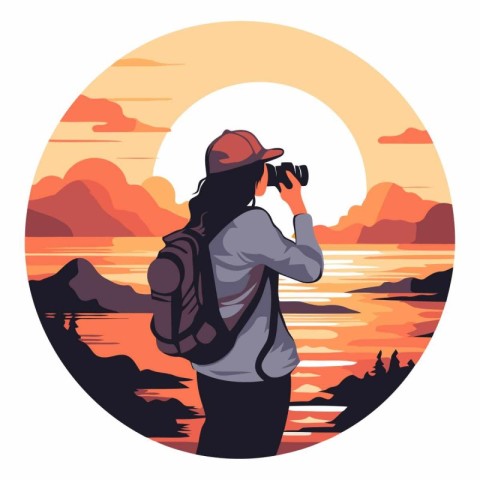 Tourist woman with backpack and binoculars at sunset