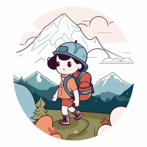 Cute little boy hiking in the mountains. Vector cartoon illustra