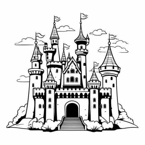 Fairytale castle on a white background in black and white.