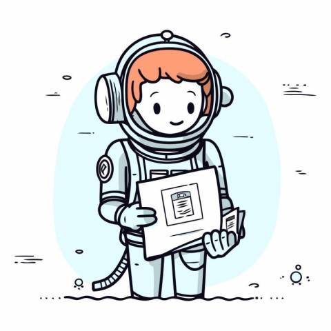 Astronaut holding a book in cartoon style.