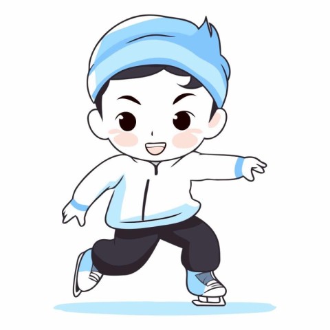 A boy wearing a winter cap and running on ice skates.