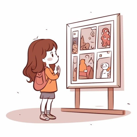 Girl looking at pictures in museum in cartoon style.