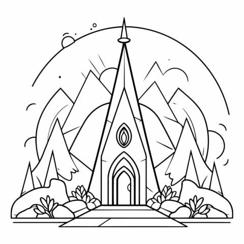 Church in the mountains. Black and white vector illustration for