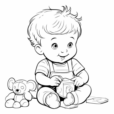 Cute little baby boy playing with toys for coloring book.