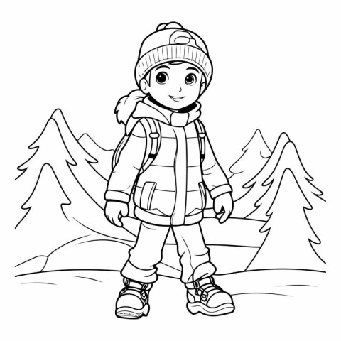 Cute cartoon boy in winter clothes for coloring book.