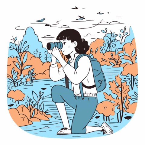 Vector illustration of a girl with binoculars in the park.