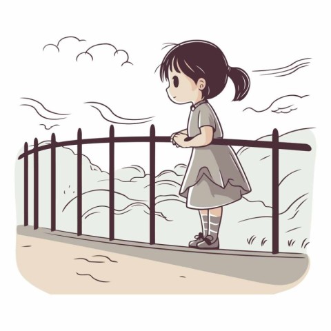 A cute little girl is standing on the bridge.