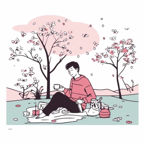 Vector illustration of a young man sitting in the park and drink