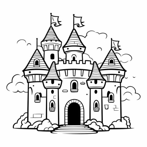 Fairytale castle. Black and white vector illustration for colori