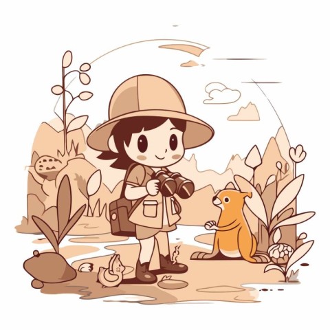 Cute little explorer boy with backpack and dog.