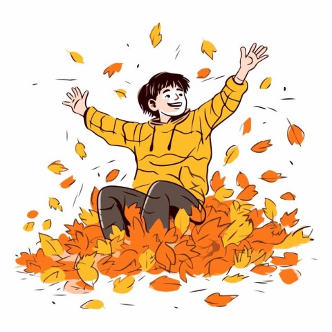 Happy boy sitting on a pile of autumn leaves.