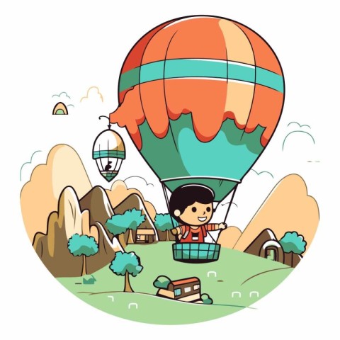 Cute little boy flying on hot air balloon.