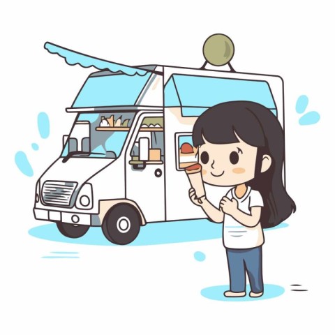 Illustration of a young woman eating ice cream in front of a van