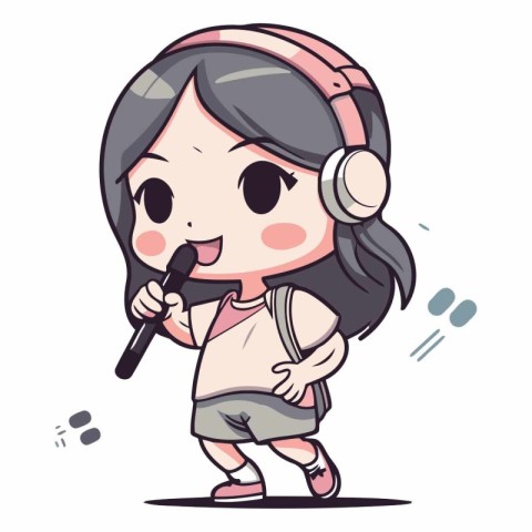 Cute girl singing karaoke with headphones.