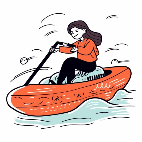 Young woman rowing a boat in the sea.