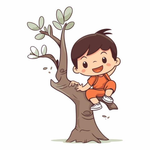 Cute little boy climbing a tree. Vector cartoon illustration iso