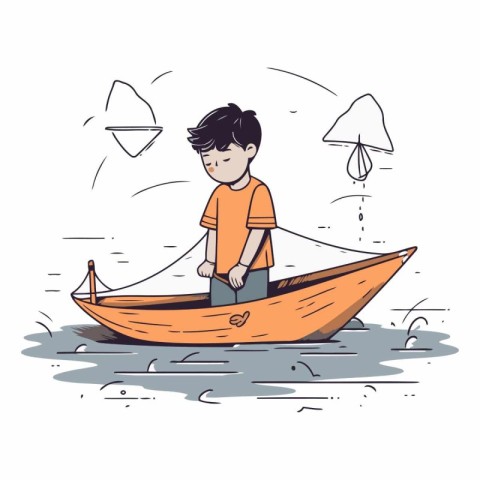 Cartoon boy in a boat on the sea.