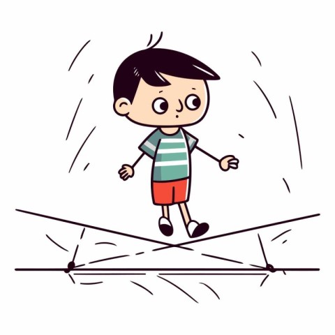 Boy walking on a tightrope in cartoon style.