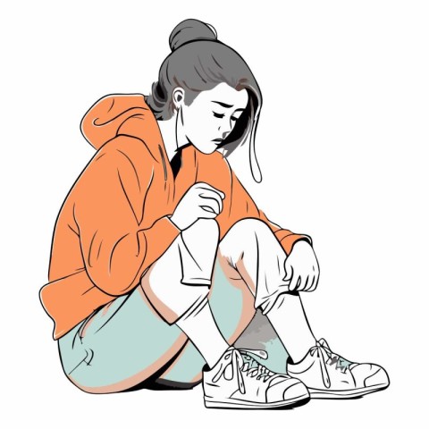 sad girl sitting on the floor. hand drawn vector illustration.