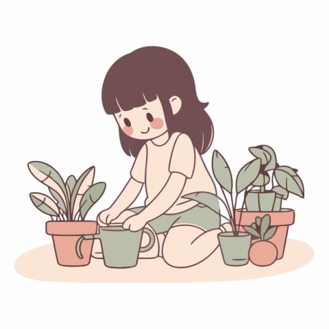 Girl planting houseplants. Cute vector illustration in cartoon s