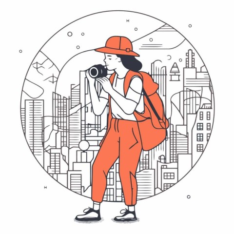 Tourist with a camera in a linear style.