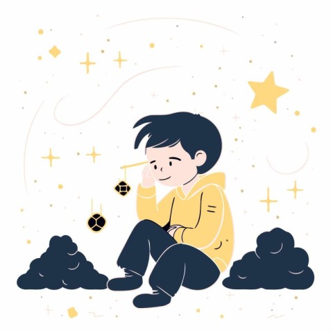 Little boy sitting on the floor and dreaming in flat style.