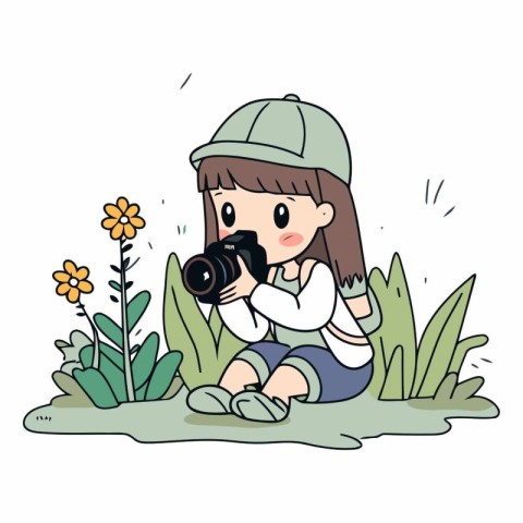 Illustration of a Little Girl Sitting on the Grass and Holding a