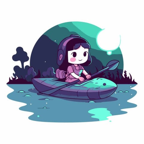 Cute cartoon girl in a kayak on the river.