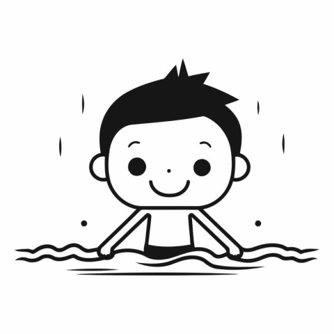 Boy swimming in a pool. black and white cartoon vector illustrat