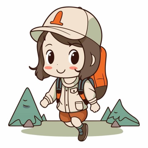 Cute girl hiker walking in the forest.