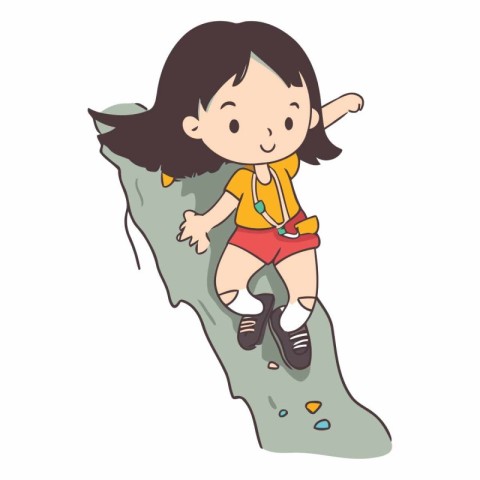 Little girl climbing on a cliff in cartoon style.