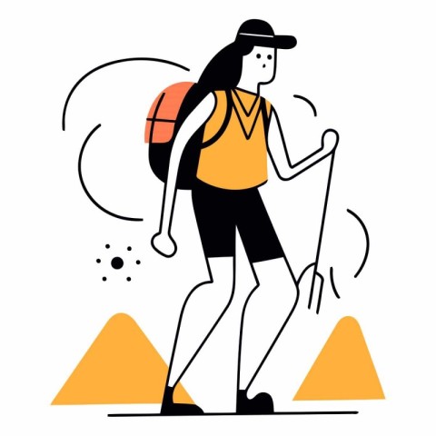 Tourist girl with backpack and compass in flat style