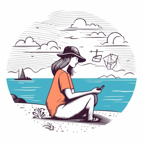 Vector illustration of a girl sitting on the seashore and readin