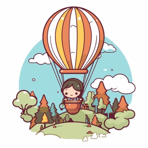 Cute girl flying on hot air balloon in the forest.