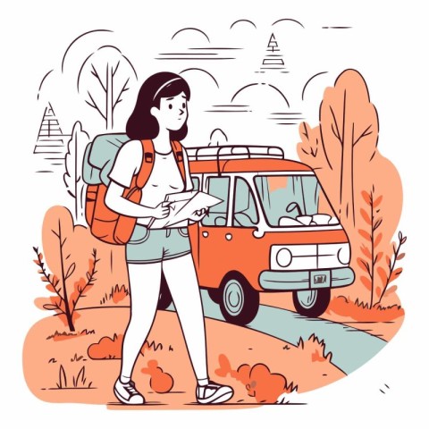 Traveling by car. Young woman with a backpack and a map