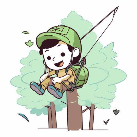 Illustration of a Kid Boy Climbing a Tree with a Fishing Rod