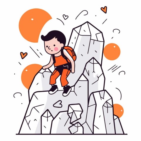 Vector illustration of a boy climbing on a rock. Cartoon style.