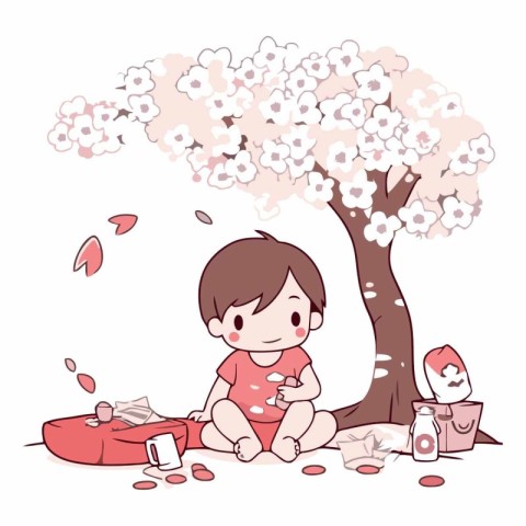 Illustration of a little girl sitting under a cherry tree and pl