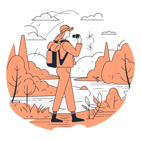 Vector illustration of a tourist with a backpack and a camera in