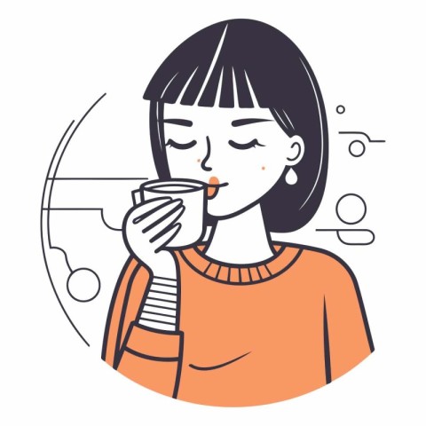 Woman drinking coffee or tea in line art style.