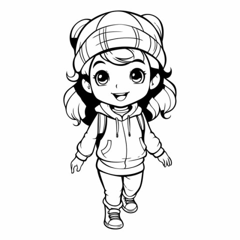 Outline of a cute little girl in warm clothes.