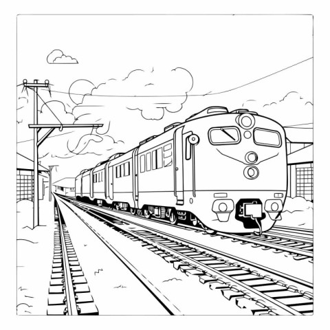 Train on the railway tracks. Black and white vector illustration