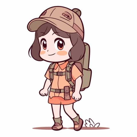 Cute little backpacker girl cartoon character of a tourist girl.