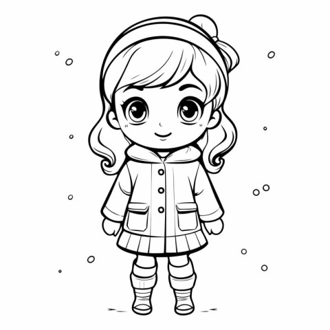 Cute little girl in winter coat for coloring book.